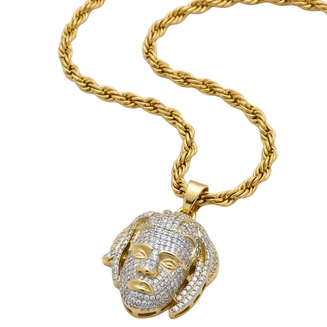 18K Gold Filled Iced Out Face Pendant Necklace with 64cm Rope Chain